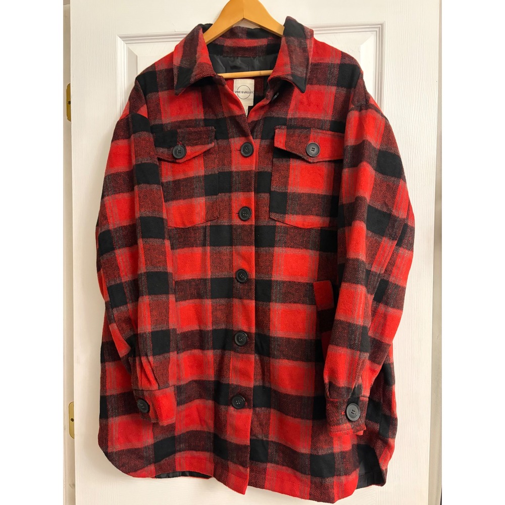 Vine & Valley Shacket XL Barn Red Black Buffalo Plaid Wool Blend Lined Jacket